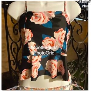 Tankini Ruffled Flutter Swim Adjustable Criss Cross Black Flower Rose Print LG